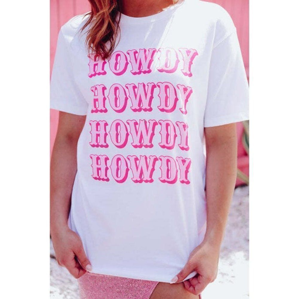 Howdy Cowgirl Graphic Tee Boho Western Country White and Pink Lotus Fashion S-XL